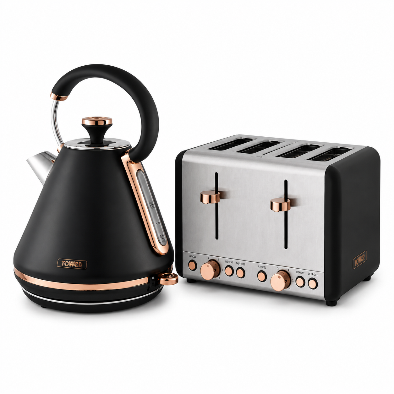 Tower Tower Cavaletto Pyramid Kettle & 4 Slice Toaster Kitchen Set (Black)