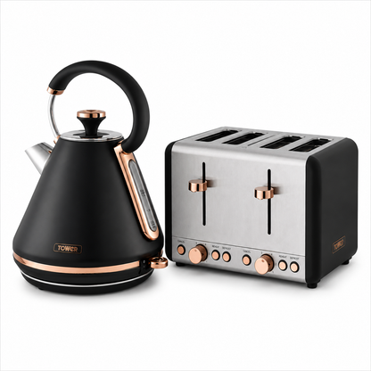 Tower Tower Cavaletto Pyramid Kettle & 4 Slice Toaster Kitchen Set (Black)