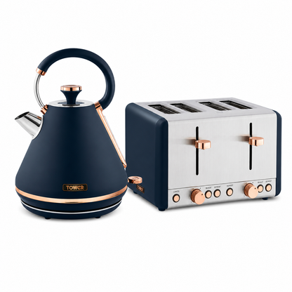 Tower Tower Cavaletto Pyramid Kettle & 4 Slice Toaster Kitchen Set (Midnight Blue)