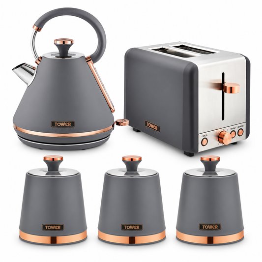 Tower Tower Cavaletto Pyramid Kettle, 2 Slice Toaster & Canisters Kitchen Set (Grey)