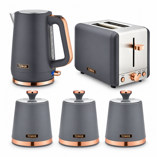 Tower Tower Cavaletto Jug Kettle, 2 Slice Toaster & Canisters Kitchen Set (Grey)