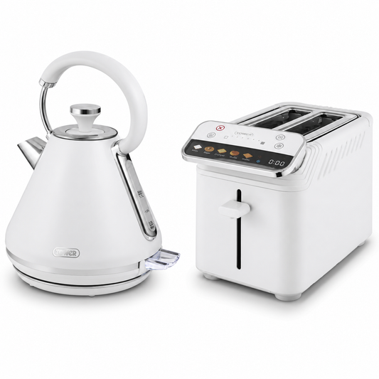A white De'Longhi electric kettle and a matching white two-slot toaster shown together on a clean white background.