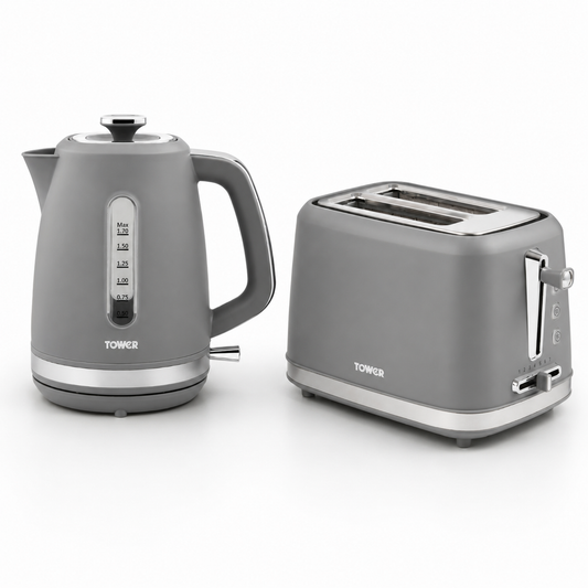 Grey TOWER electric kettle and two-slice toaster on white background
