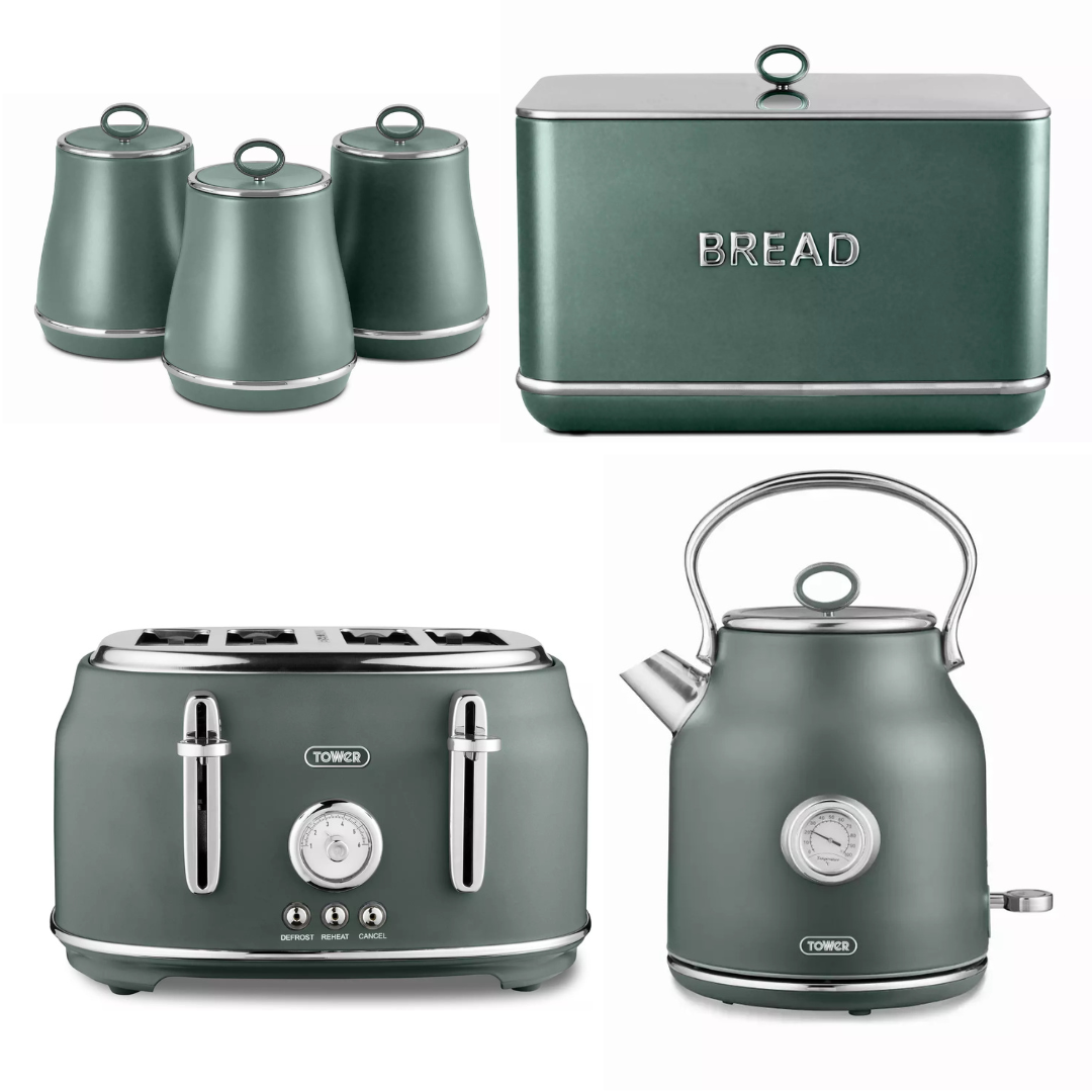 Tower Tower Renaissance Kettle, 4 Slice Toaster, Bread Bin & Canisters Kitchen Set (Forest Green)