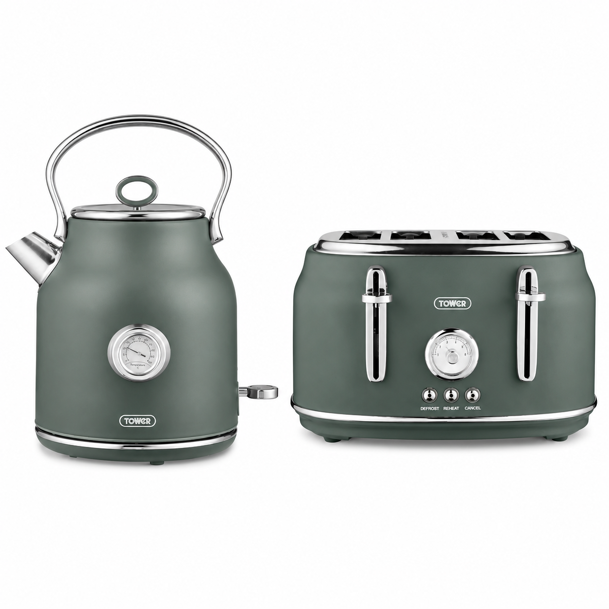 Forest green electric kettle and 4-slice toaster kitchen set with stainless accents