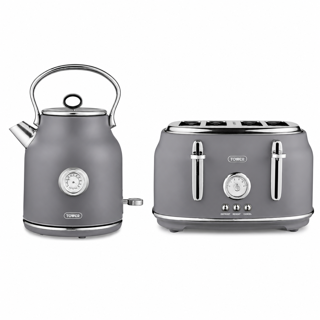 Grey kitchen kettle and 4-slice toaster set with stainless steel accents