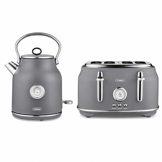 Grey kitchen kettle and 4-slice toaster set with stainless steel accents