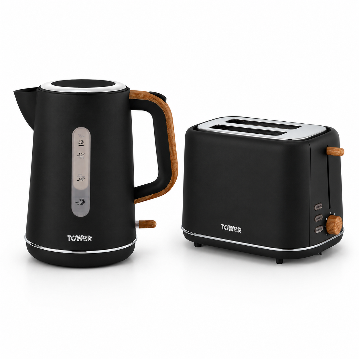 Tower Tower Scandi Kettle & 2 Slice Toaster Kitchen Set (Black)
