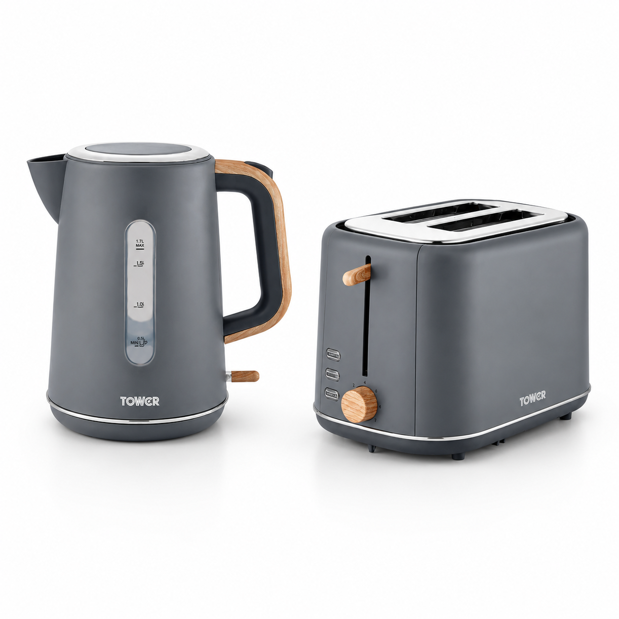 Dark grey electric kettle and 2-slice toaster kitchen set with wooden handles