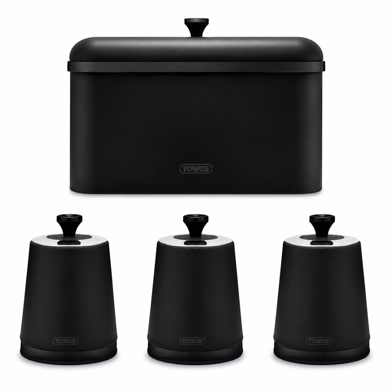 Black bread bin with lid and three black storage canisters