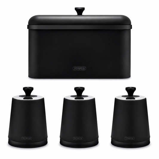Black bread bin with lid and three black storage canisters