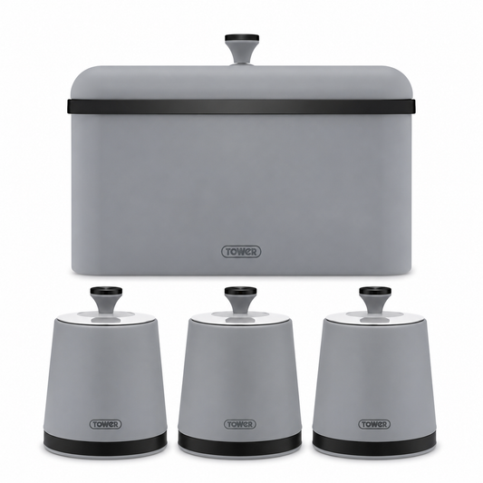 Grey bread bin with lid and three matching storage canisters, set of 4