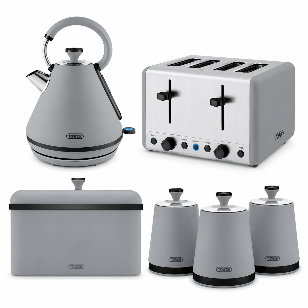 Tower Tower Sera Grey Kettle, 4 Slice Toaster, Bread Bin & Canisters Kitchen Set (Grey)