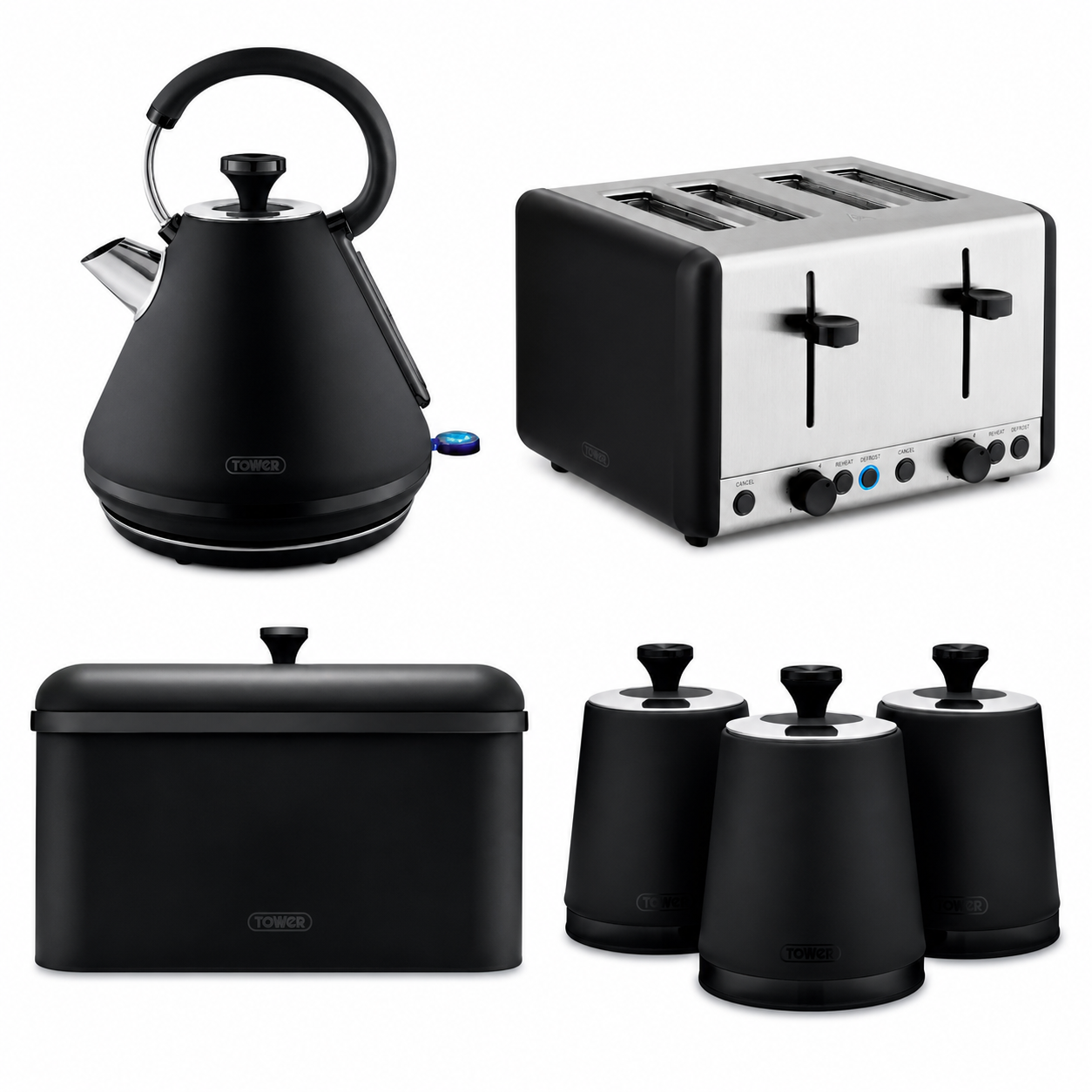 Black kitchen appliance set: kettle, 4-slice toaster, bread bin, and four canisters