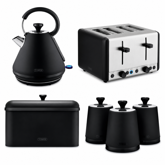 Black kitchen appliance set: kettle, 4-slice toaster, bread bin, and four canisters