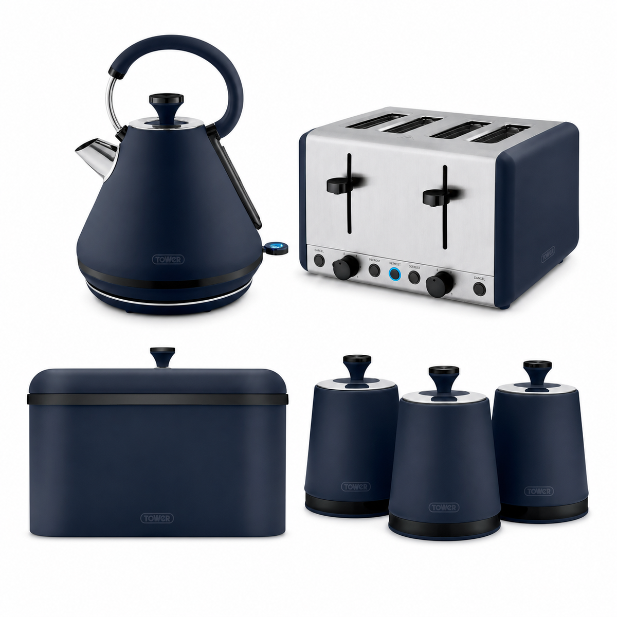 Tower Tower Sera Kettle, 4 Slice Toaster, Bread Bin & Canisters Kitchen Set (Midnight Blue)