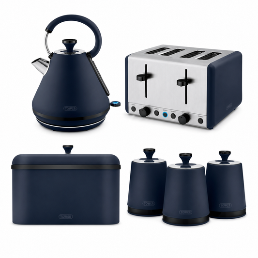 Midnight blue kitchen appliance set with kettle, 4-slice toaster, bread bin, and canisters.