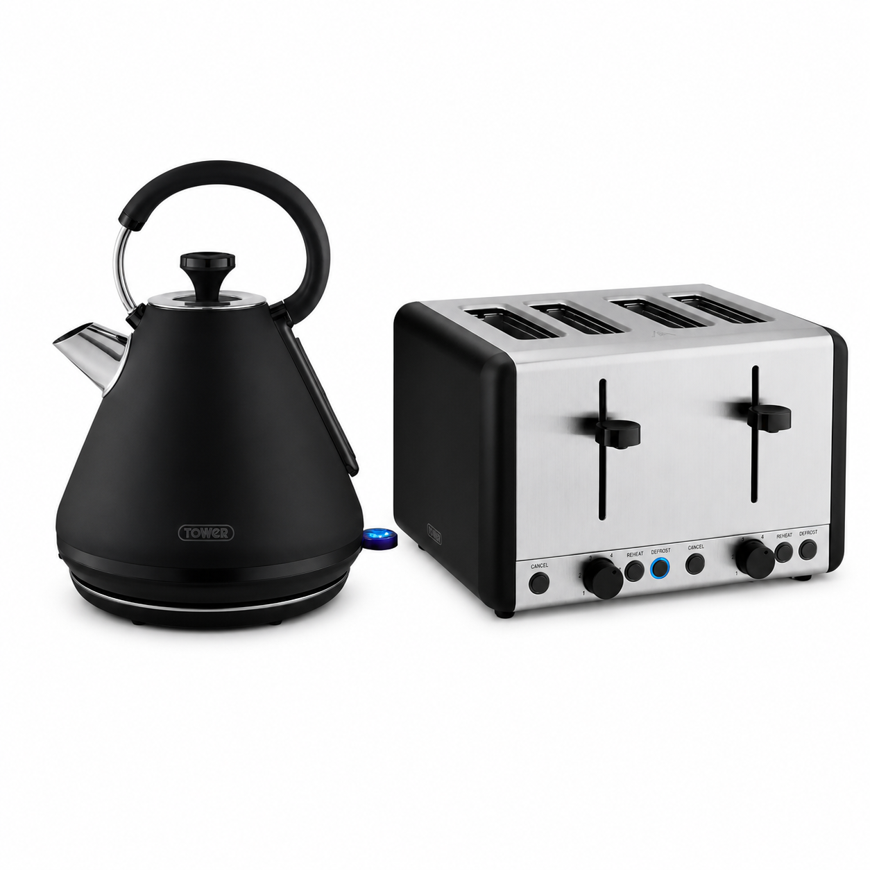 Black electric pyramid kettle and 4-slice toaster set with metal accents