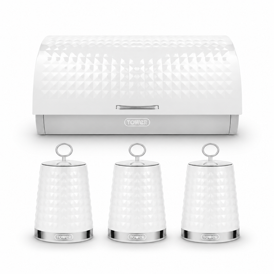 White textured bread bin with three canisters, chrome bases, and ring pull lids
