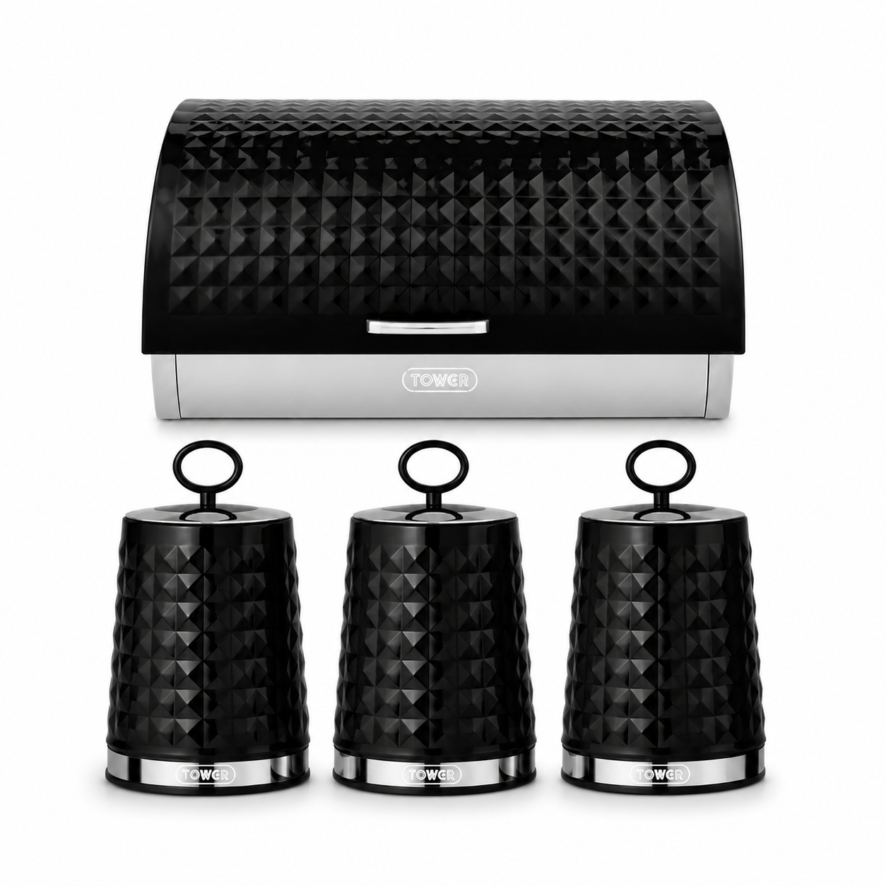 A black bread box set with a textured diamond-patterned lid and three matching small containers, shown on a clean white background. The De'longhi brand name is visible on the front of the bread box.