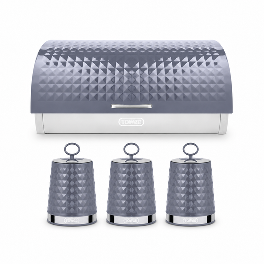Grey bread bin and 3 canisters storage set, diamond-texture lids and knobs