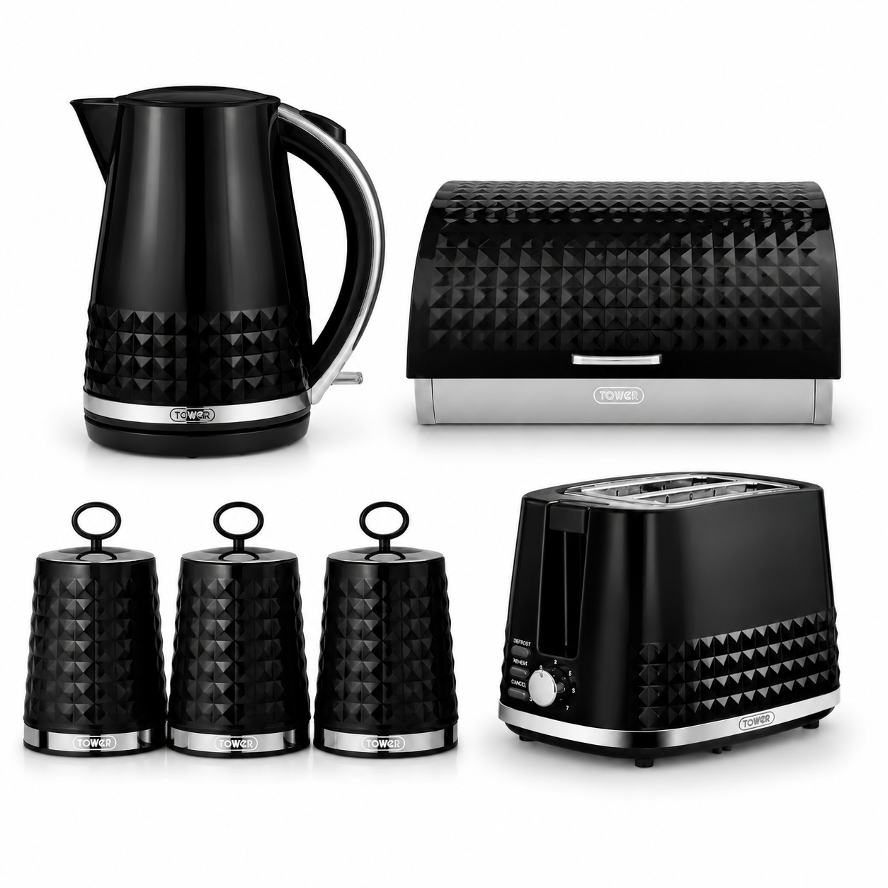 Tower Tower Solitaire Jug Kettle, 2 Slice Toaster, Bread Bin & Canisters Kitchen Set (Black)