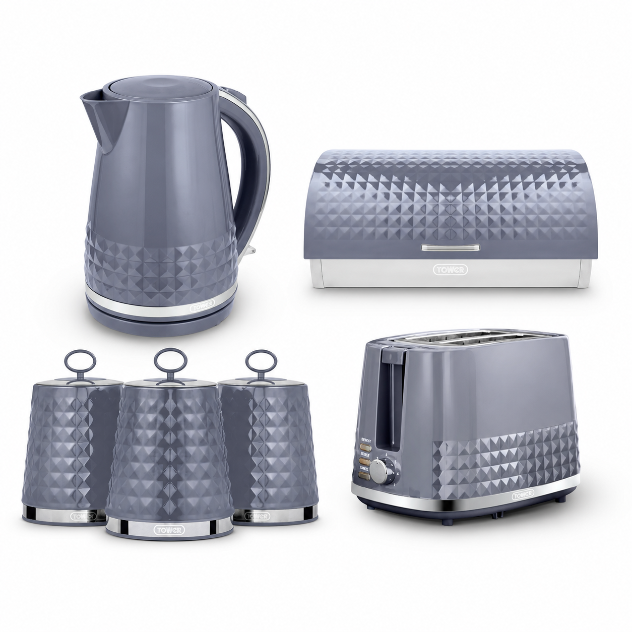 A kitchen appliance set in a matching metallic gray color with a textured diamond pattern, including an electric kettle, a bread box, three canisters, and a two-slot toaster, arranged on a white background.