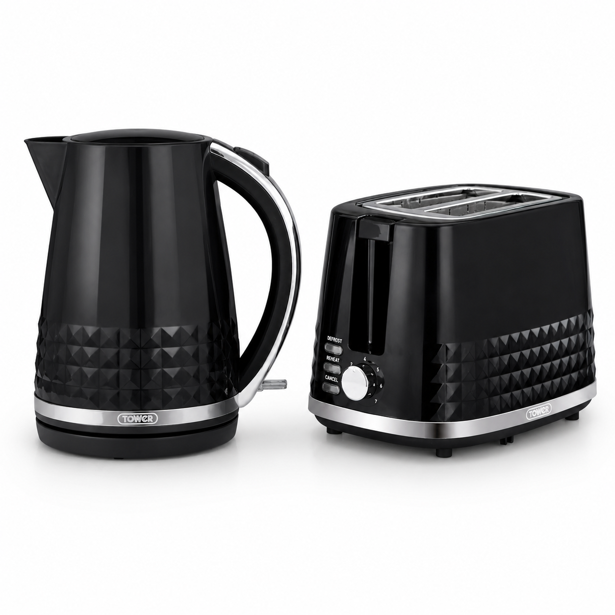 A black electric kettle and a black two-slice toaster with a textured geometric pattern and silver trim, shown on a clean white background.