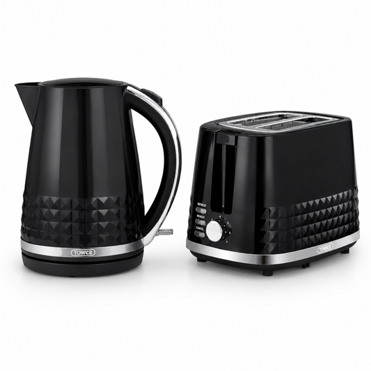 Black electric kettle jug and 2-slice toaster with diamond-pattern base