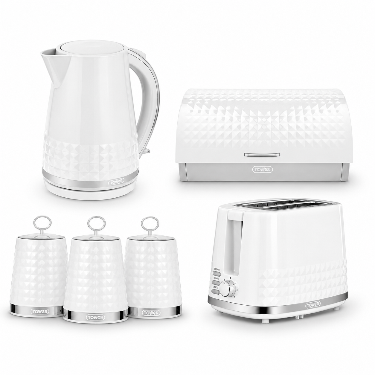 White textured kitchen set with electric kettle, 2-slice toaster, and three bread canisters