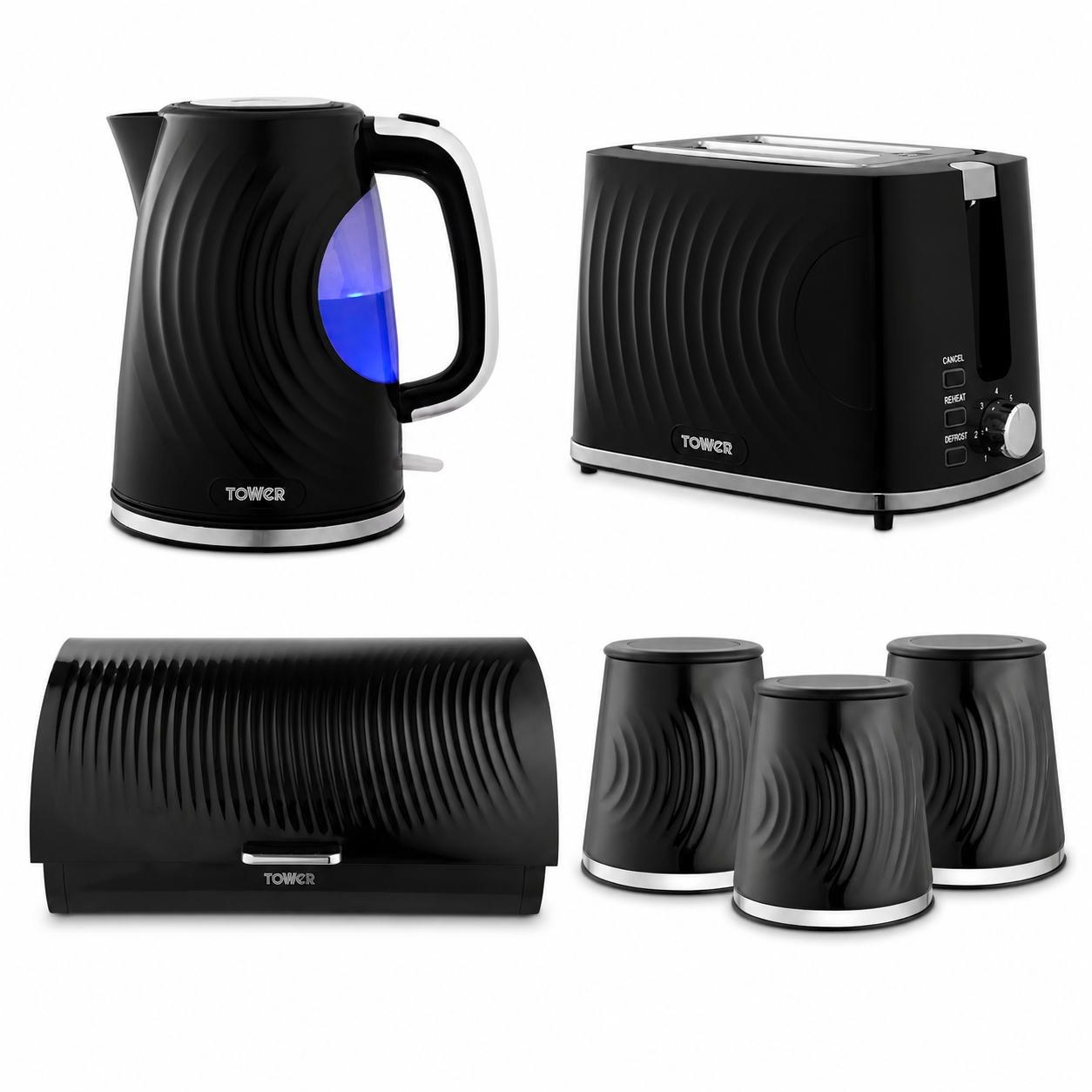 Tower Tower Sonar Kettle, 2 Slice Toaster, Bread Bin & Canisters Kitchen Set (Black)