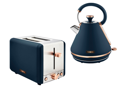 Tower Cavaletto Pyramid Kettle & 2 Slice Toaster Kitchen Set (Midnight Blue) - Vibe Home