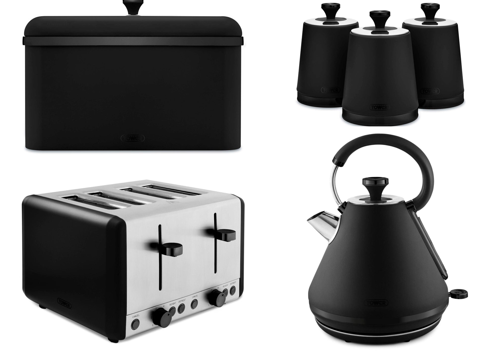 Tower Sera Kettle, 4 Slice Toaster, Bread Bin, Canister Kitchen Set (Black) - Vibe Home