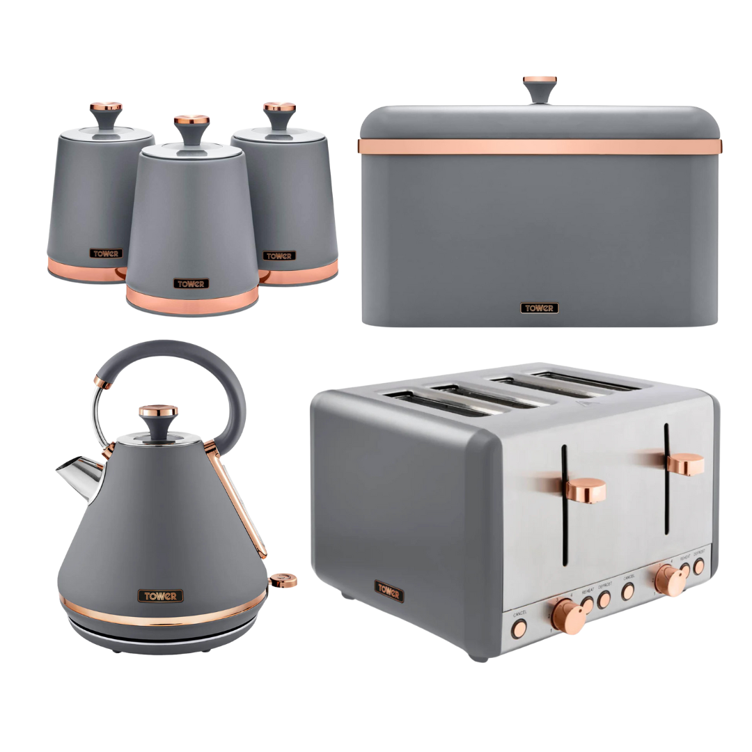 Tower Cavaletto Kettle, Toaster, Bread Bin & Canisters Set (Grey)