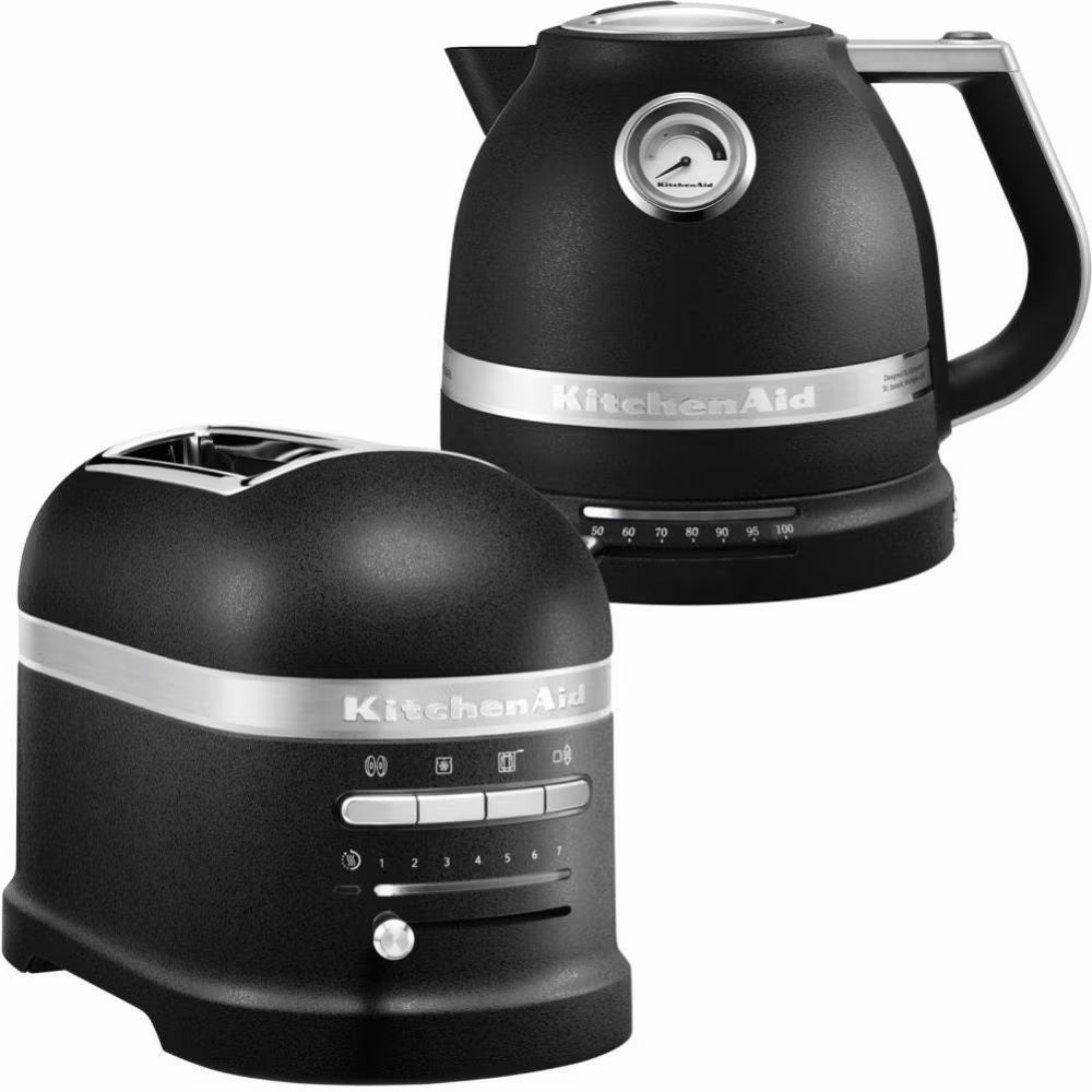 Black KitchenAid kettle and toaster on a white background