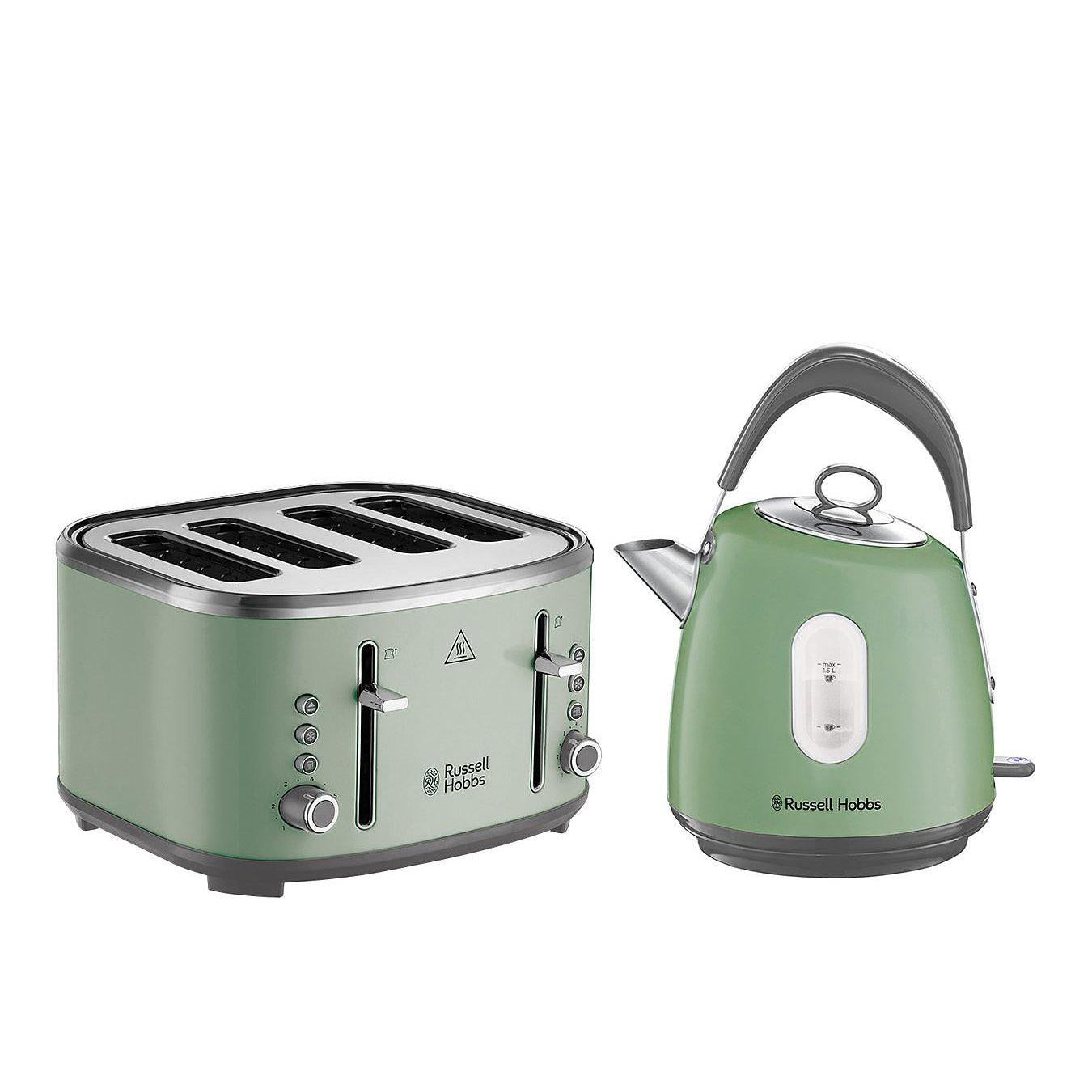 Russell Hobbs Stylevia Pyramid Kettle & 4 Slice Toaster Kitchen Set (Sage) - Vibe Home