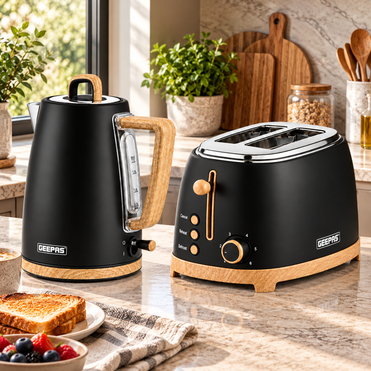 Geepas GEEPAS NordiQ Kettle & 2 Slice Toaster Kitchen Set (Black)