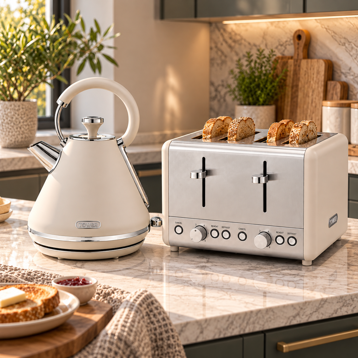 Tower Tower Cavaletto Pyramid Kettle & 4 Slice Toaster Kitchen Set (Latte)