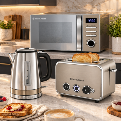 Russell Hobbs Russell Hobbs Distinctions Jug Kettle, 2 Slice Toaster & Microwave Kitchen Set (Titanium)