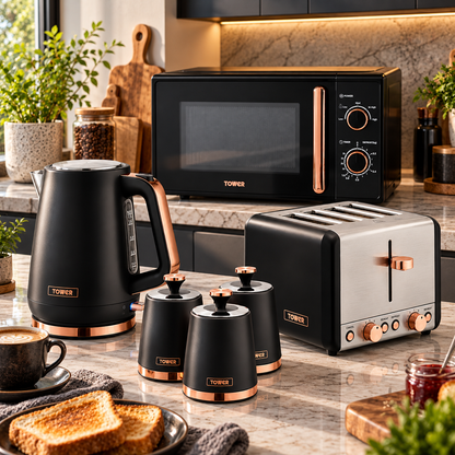 Tower Tower Cavaletto Jug Kettle, 2 Slice Toaster, Canisters & Microwave Kitchen Set (Black)