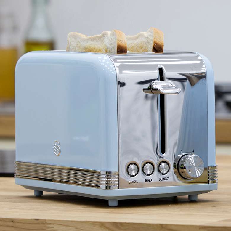 Swan Retro Kettle, 2 Slice Toaster, Bread Bin, Canisters, Mug Tree & Towel Pole Kitchen Set (Blue)