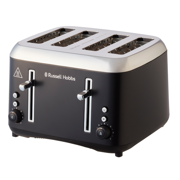 Matte black 4-slice toaster with chrome lever controls and wide bread slots