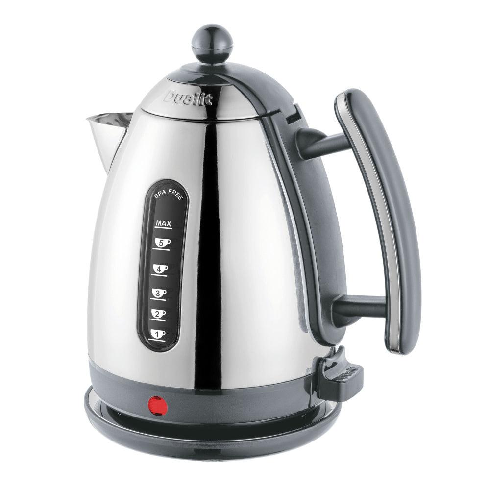 Dualit kettle with stainless steel body, black handle, and water level markings