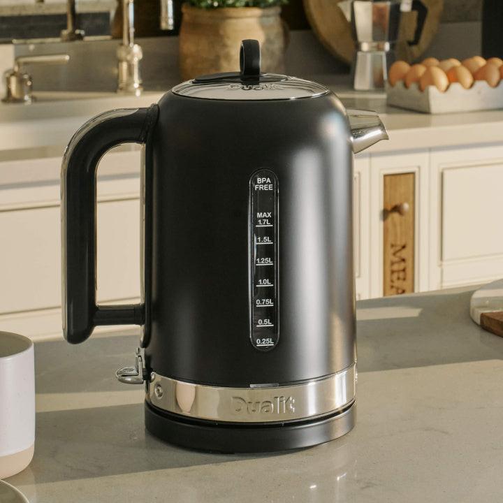 Matte black electric kettle with handle and lid, BPA FREE level markings