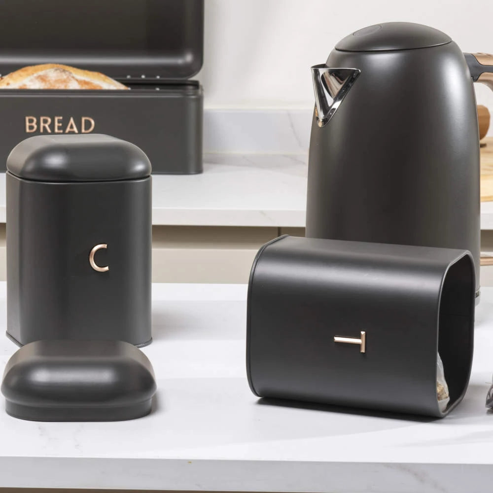 Salter Salter Pebble Bread Bin & Tea, Coffee, Sugar Canisters Storage Set (Charcoal)