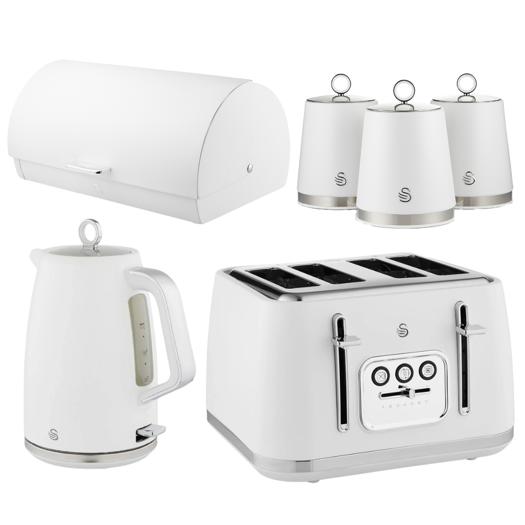 Swan Serenity White Kitchen Set - Kettle, Toaster, Bread Bin & Canisters