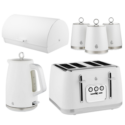 Swan Serenity White Kitchen Set - Kettle, Toaster, Bread Bin & Canisters