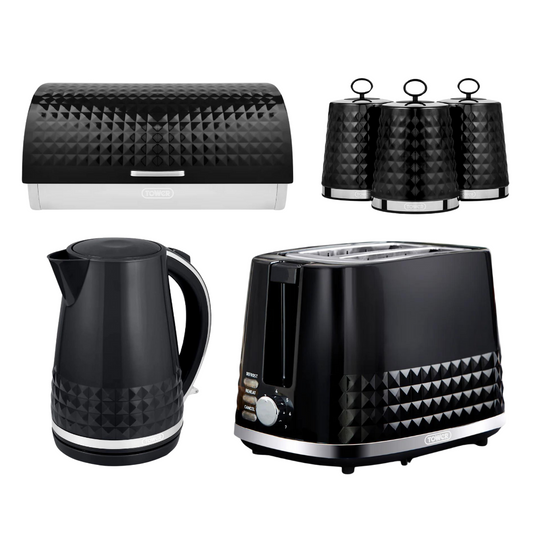 Tower Solitaire Black Kettle, 2 Slice Toaster, Bread Bin Canisters Kitchen Set