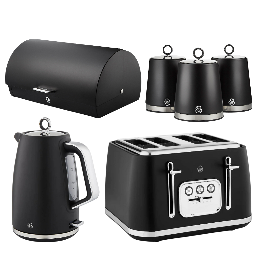 Swan Serenity Kettle, 4 Slice Toaster, Bread Bin & Canisters Kitchen Set (Black)