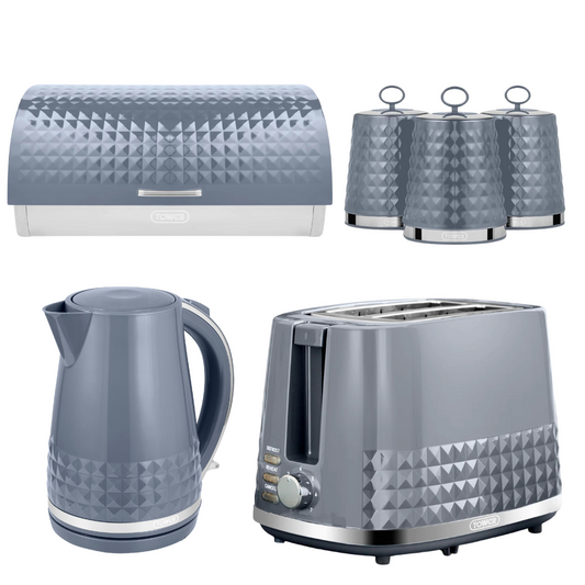 Tower Solitaire Grey Kitchen Set - Kettle, Toaster, Bread Bin & Canisters